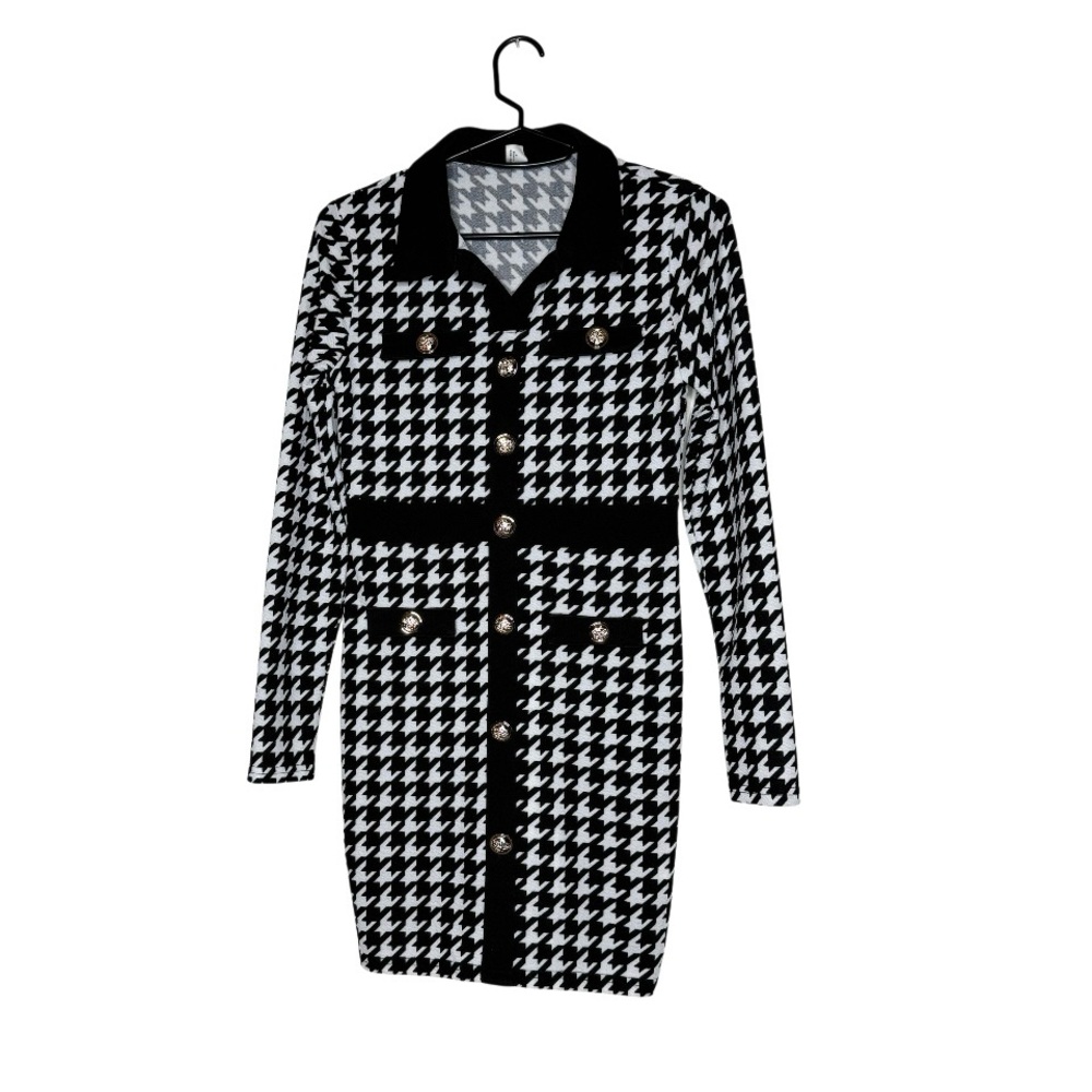SHEIN Teen Houndstooth Black and White Print Knit Dress Gold Accents‎ SZ 12-13Y